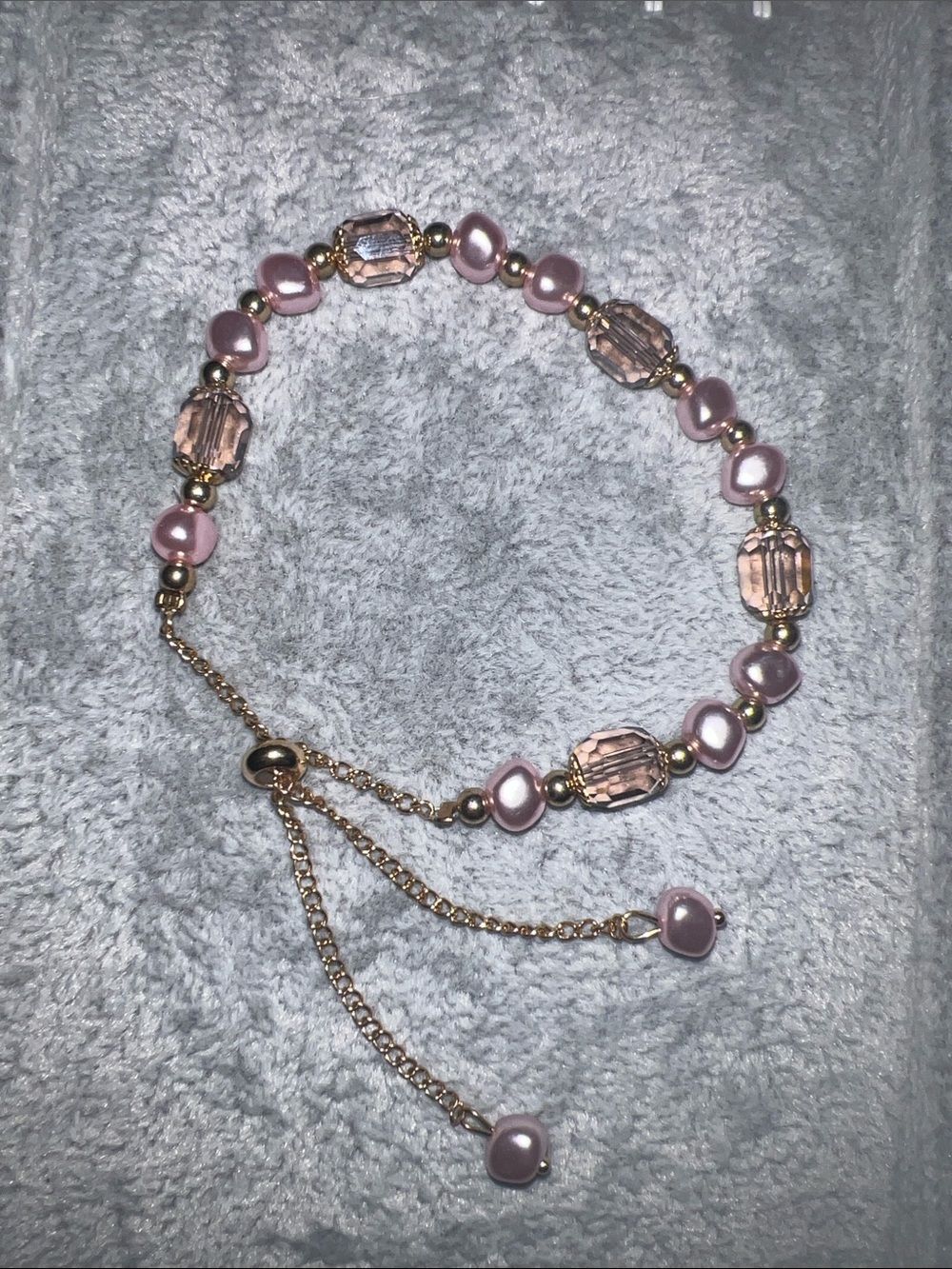 Adjustable Pink Pearl & Crystal Beaded Bracelet with Gold-Tone Chain